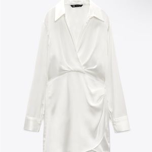 Zara White Satin Effect Long Sleeve Mini Dress